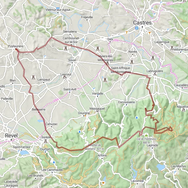 Miniatura mapy "Trasa rowerowa Puylaurens - Cambounet-sur-le-Sor - Saint-Affrique-les-Montagnes - Col de Fontbruno - Table d'Orientation - Sorèze - Puylaurens" - trasy rowerowej w Midi-Pyrénées, France. Wygenerowane przez planer tras rowerowych Tarmacs.app