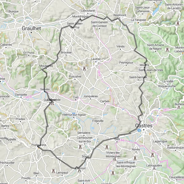 Kartminiatyr av "Scenic Road Cycling Route near Puylaurens" sykkelinspirasjon i Midi-Pyrénées, France. Generert av Tarmacs.app sykkelrutoplanlegger