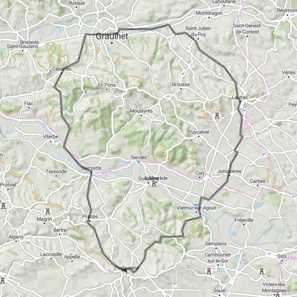 Miniaturní mapa "Přírodní krásy kolem Puylaurens" inspirace pro cyklisty v oblasti Midi-Pyrénées, France. Vytvořeno pomocí plánovače tras Tarmacs.app