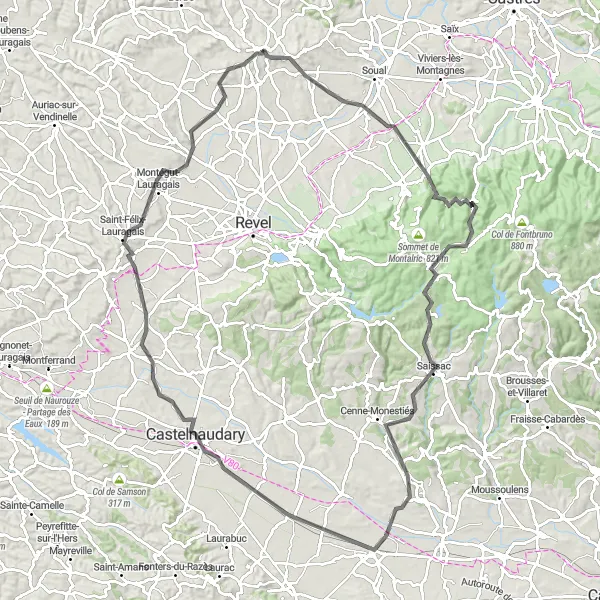 Miniaturní mapa "Okružní cesta kolem Puylaurens" inspirace pro cyklisty v oblasti Midi-Pyrénées, France. Vytvořeno pomocí plánovače tras Tarmacs.app