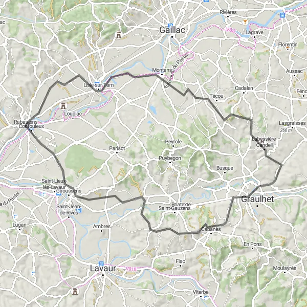 Karten-Miniaturansicht der Radinspiration "Weinberge und Geschichte" in Midi-Pyrénées, France. Erstellt vom Tarmacs.app-Routenplaner für Radtouren