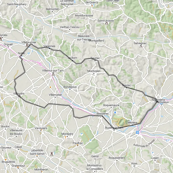 Mapa miniatúra "Cyklotrasa cez Buzet-sur-Tarn, La Magdelaine-sur-Tarn a Nohic" cyklistická inšpirácia v Midi-Pyrénées, France. Vygenerované cyklistickým plánovačom trás Tarmacs.app