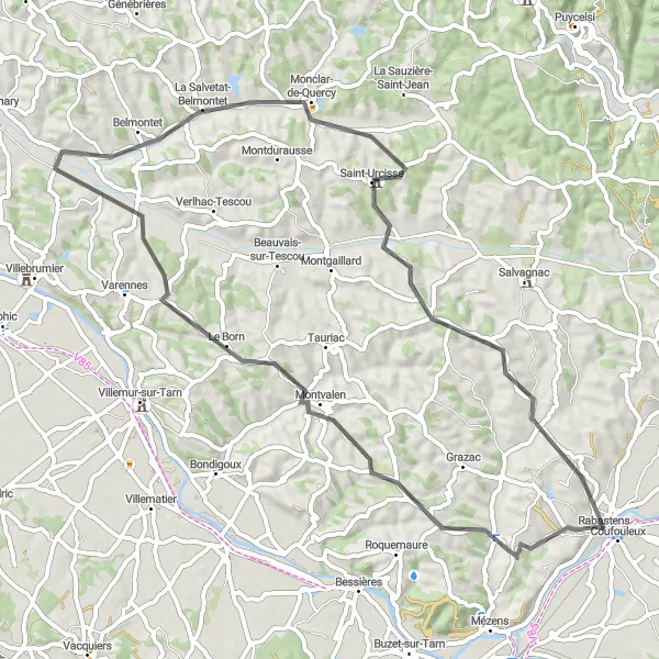 Miniatua del mapa de inspiración ciclista "Ruta corta de 65 km desde Rabastens" en Midi-Pyrénées, France. Generado por Tarmacs.app planificador de rutas ciclistas