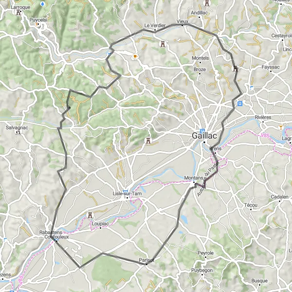 Miniatua del mapa de inspiración ciclista "Ruta escénica de 75 km cerca de Rabastens" en Midi-Pyrénées, France. Generado por Tarmacs.app planificador de rutas ciclistas