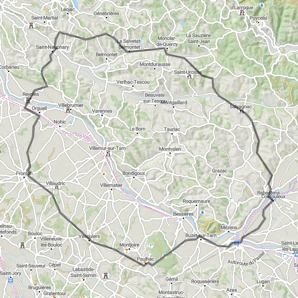Miniaturní mapa "Cyklistická trasa kolem Rabastens" inspirace pro cyklisty v oblasti Midi-Pyrénées, France. Vytvořeno pomocí plánovače tras Tarmacs.app