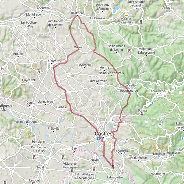 Map miniature of "Réalmont-Gravel Adventure" cycling inspiration in Midi-Pyrénées, France. Generated by Tarmacs.app cycling route planner