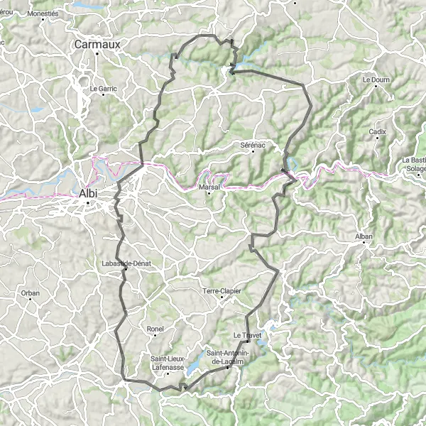 Miniaturní mapa "Okruh kolem Villefranche-d'Albigeois" inspirace pro cyklisty v oblasti Midi-Pyrénées, France. Vytvořeno pomocí plánovače tras Tarmacs.app