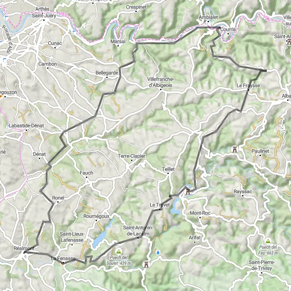 Karttaminiaatyyri "Tarn Hills Loop" pyöräilyinspiraatiosta alueella Midi-Pyrénées, France. Luotu Tarmacs.app pyöräilyreittisuunnittelijalla