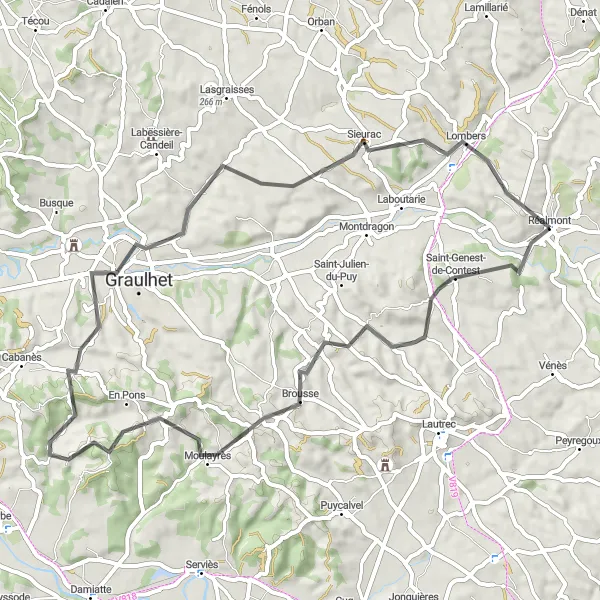 Miniaturní mapa "Kolo okolo Réalmontu a Graulhetu" inspirace pro cyklisty v oblasti Midi-Pyrénées, France. Vytvořeno pomocí plánovače tras Tarmacs.app