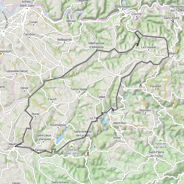 Kartminiatyr av "Mouzieys-Teulet til Saint-Antonin-de-Lacalm Rundtur" sykkelinspirasjon i Midi-Pyrénées, France. Generert av Tarmacs.app sykkelrutoplanlegger