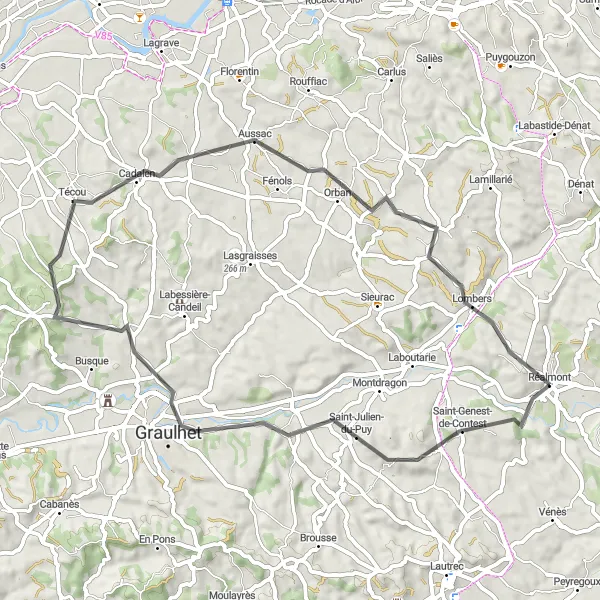 Miniaturní mapa "Cyklotrasa okolo Réalmontu" inspirace pro cyklisty v oblasti Midi-Pyrénées, France. Vytvořeno pomocí plánovače tras Tarmacs.app