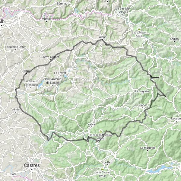 Miniatua del mapa de inspiración ciclista "Ruta desafiante por Plo de Layvières, Senaux, Berlats y más" en Midi-Pyrénées, France. Generado por Tarmacs.app planificador de rutas ciclistas