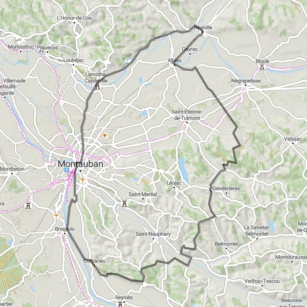 Mapa miniatúra "Trasa okolo Réalville" cyklistická inšpirácia v Midi-Pyrénées, France. Vygenerované cyklistickým plánovačom trás Tarmacs.app