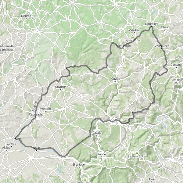 Miniatua del mapa de inspiración ciclista "Ruta escénica hasta Realville y más allá" en Midi-Pyrénées, France. Generado por Tarmacs.app planificador de rutas ciclistas