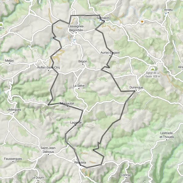 Miniatua del mapa de inspiración ciclista "Ruta de ciclismo de carretera desde Réquista" en Midi-Pyrénées, France. Generado por Tarmacs.app planificador de rutas ciclistas
