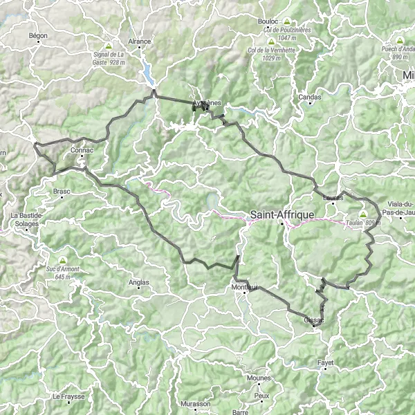 Miniature de la carte de l'inspiration cycliste "Les vallées verdoyantes du Lévezou" dans la Midi-Pyrénées, France. Générée par le planificateur d'itinéraire cycliste Tarmacs.app