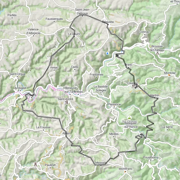 Karttaminiaatyyri "Réquista ja takaisin: koettelemus maantiepyörällä" pyöräilyinspiraatiosta alueella Midi-Pyrénées, France. Luotu Tarmacs.app pyöräilyreittisuunnittelijalla