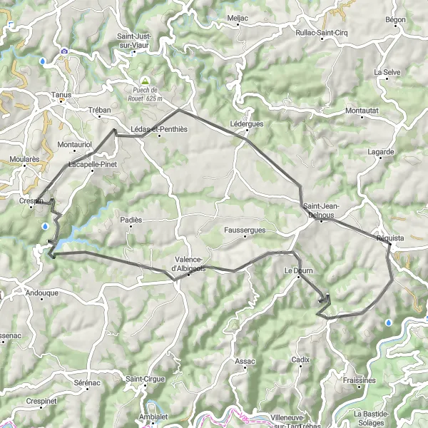 Kartminiatyr av "Upptäck Rullac-Saint-Cirq: Landsvägscykling i Midi-Pyrénées" cykelinspiration i Midi-Pyrénées, France. Genererad av Tarmacs.app cykelruttplanerare