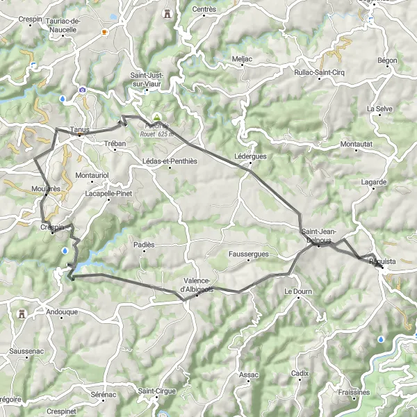 Kartminiatyr av "Rundtur gjennom Tarn-dalen" sykkelinspirasjon i Midi-Pyrénées, France. Generert av Tarmacs.app sykkelrutoplanlegger