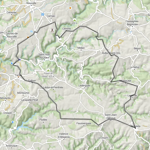 Miniatua del mapa de inspiración ciclista "Ruta panorámica de 71 km en bicicleta de carretera cerca de Réquista" en Midi-Pyrénées, France. Generado por Tarmacs.app planificador de rutas ciclistas