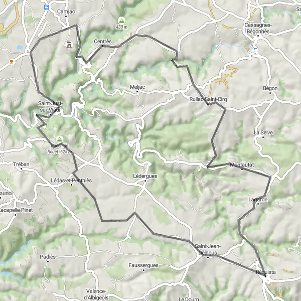 Miniatua del mapa de inspiración ciclista "Excursión en bicicleta por senderos bucólicos" en Midi-Pyrénées, France. Generado por Tarmacs.app planificador de rutas ciclistas