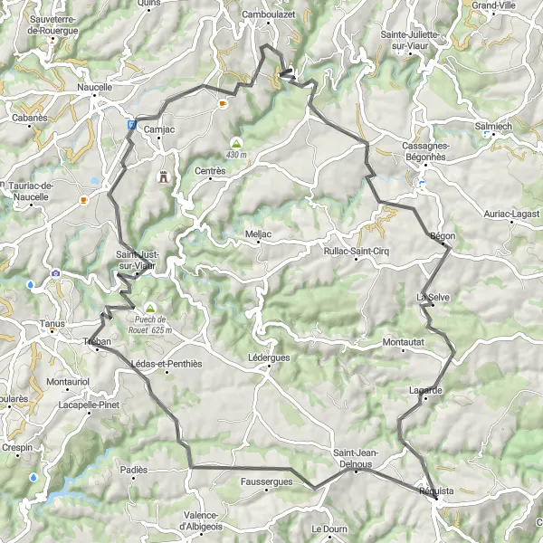 Miniatua del mapa de inspiración ciclista "Ruta escénica de 80 km en bicicleta de carretera cerca de Réquista" en Midi-Pyrénées, France. Generado por Tarmacs.app planificador de rutas ciclistas