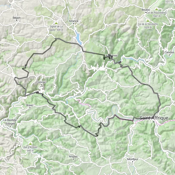 Zemljevid v pomanjšavi "Doživetje Brousse-le-Château in Villefranche-de-Panat" kolesarske inspiracije v Midi-Pyrénées, France. Generirano z načrtovalcem kolesarskih poti Tarmacs.app