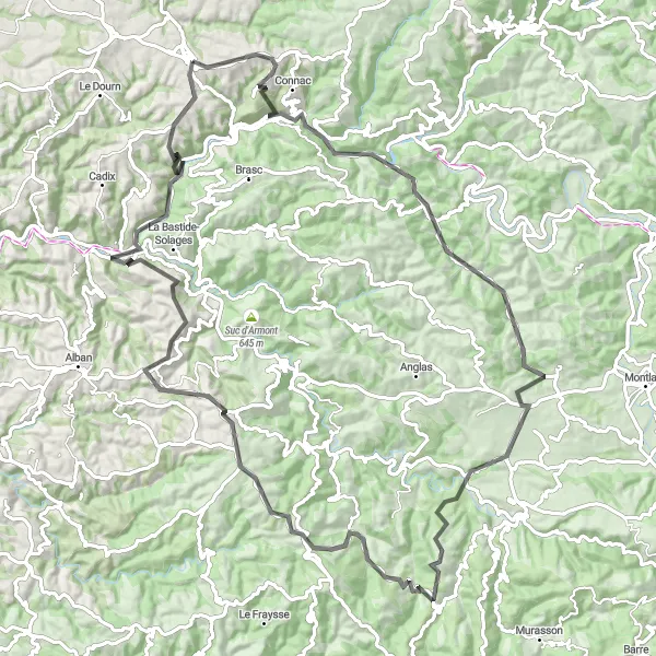 Miniatua del mapa de inspiración ciclista "Desafiante ruta de ciclismo de carretera de 106 km desde Réquista" en Midi-Pyrénées, France. Generado por Tarmacs.app planificador de rutas ciclistas