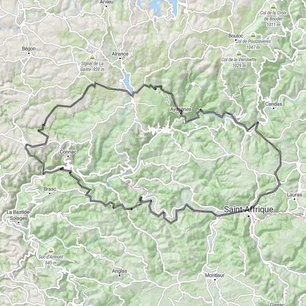 Karttaminiaatyyri "Scenic Ride to Saint-Izaire from Réquista" pyöräilyinspiraatiosta alueella Midi-Pyrénées, France. Luotu Tarmacs.app pyöräilyreittisuunnittelijalla