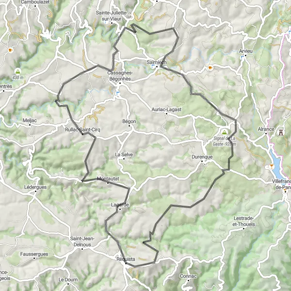 Miniatua del mapa de inspiración ciclista "Ruta de ciclismo alrededor de Réquista" en Midi-Pyrénées, France. Generado por Tarmacs.app planificador de rutas ciclistas
