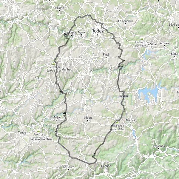Miniatua del mapa de inspiración ciclista "Aventura de ciclismo de 134 km por caminos pintorescos cerca de Réquista" en Midi-Pyrénées, France. Generado por Tarmacs.app planificador de rutas ciclistas
