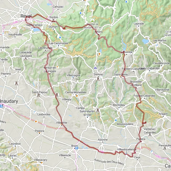 Miniature de la carte de l'inspiration cycliste "Parcours de gravier de Revel à Villepinte" dans la Midi-Pyrénées, France. Générée par le planificateur d'itinéraire cycliste Tarmacs.app