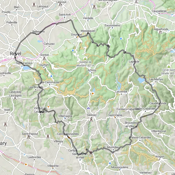 Zemljevid v pomanjšavi "Utrujajoča cestna tura okoli Revela" kolesarske inspiracije v Midi-Pyrénées, France. Generirano z načrtovalcem kolesarskih poti Tarmacs.app