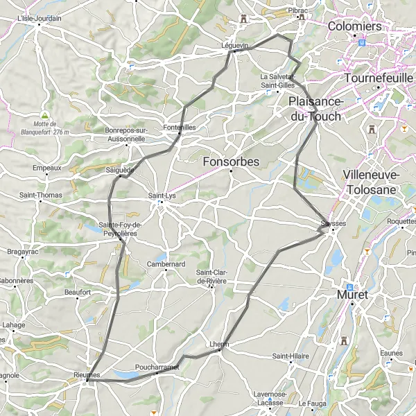 Miniaturní mapa "Okružní cyklistická trasa kolem Rieumes" inspirace pro cyklisty v oblasti Midi-Pyrénées, France. Vytvořeno pomocí plánovače tras Tarmacs.app