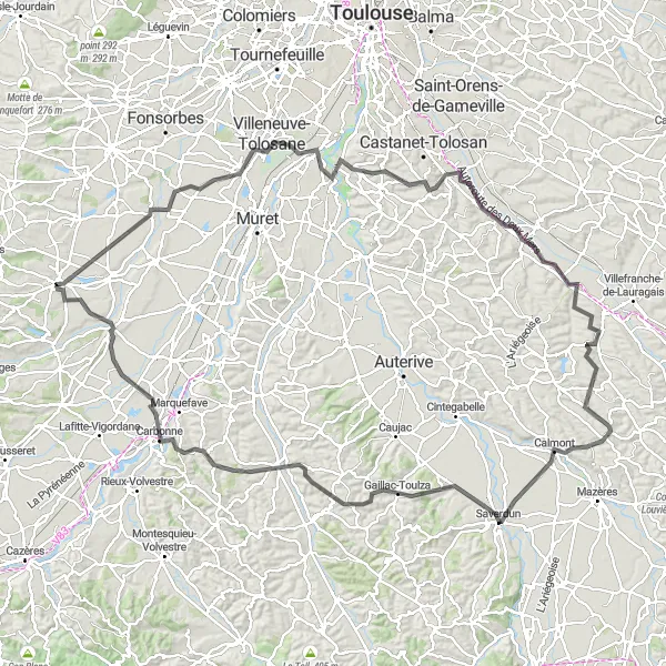 Kartminiatyr av "Rieumes till Saint-Clar-de-Rivière cykeltur" cykelinspiration i Midi-Pyrénées, France. Genererad av Tarmacs.app cykelruttplanerare