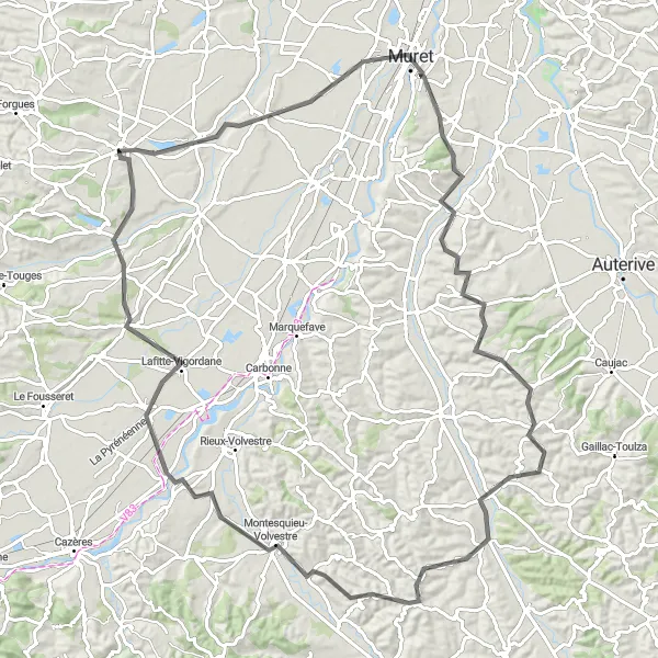 Kartminiatyr av "Lherm til Rieumes via Saint-Élix-le-Château" sykkelinspirasjon i Midi-Pyrénées, France. Generert av Tarmacs.app sykkelrutoplanlegger
