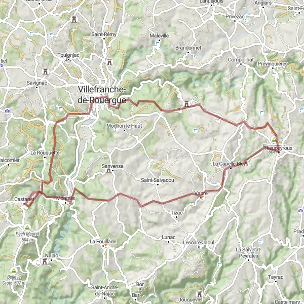 Miniature de la carte de l'inspiration cycliste "Circuit La Bastide-l'Évêque Gravel" dans la Midi-Pyrénées, France. Générée par le planificateur d'itinéraire cycliste Tarmacs.app
