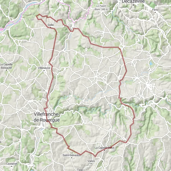 Miniature de la carte de l'inspiration cycliste "Circuit de Rieupeyroux Aventure en Gravel" dans la Midi-Pyrénées, France. Générée par le planificateur d'itinéraire cycliste Tarmacs.app