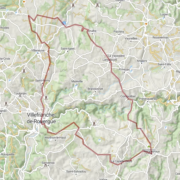 Miniaturní mapa "Trasa Gravel: Rieupeyroux okruh" inspirace pro cyklisty v oblasti Midi-Pyrénées, France. Vytvořeno pomocí plánovače tras Tarmacs.app