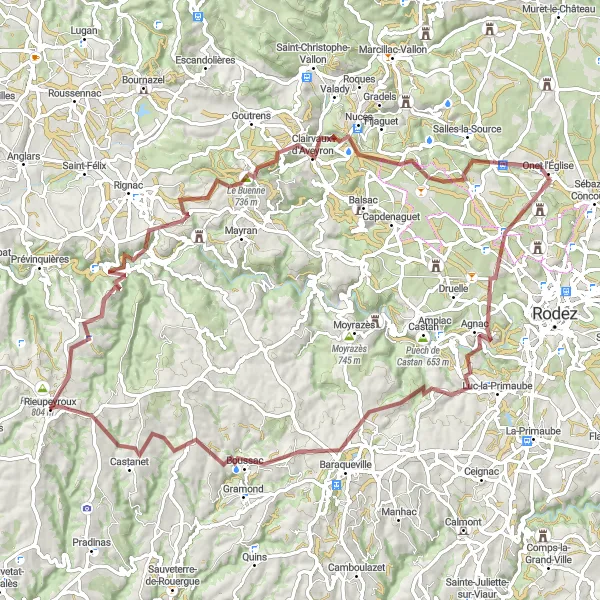 Map miniature of "Exploring the Gravel Paths of Rieupeyroux" cycling inspiration in Midi-Pyrénées, France. Generated by Tarmacs.app cycling route planner