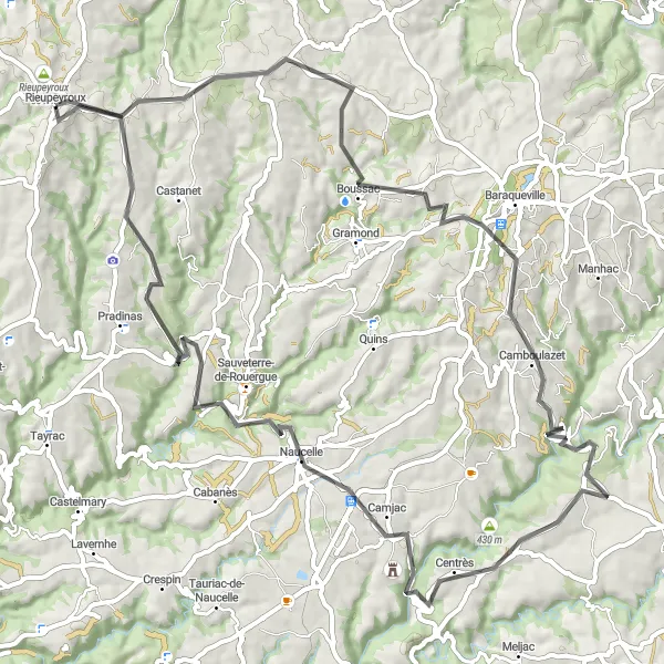 Miniature de la carte de l'inspiration cycliste "Circuit autour de Rieupeyroux" dans la Midi-Pyrénées, France. Générée par le planificateur d'itinéraire cycliste Tarmacs.app