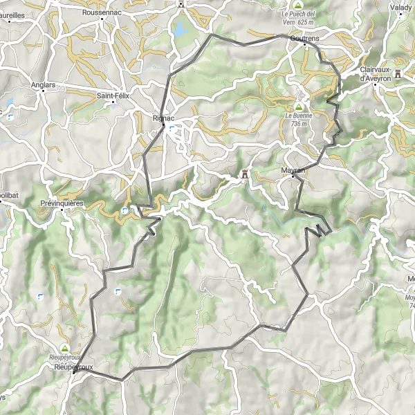 Map miniature of "The Road to Goutrens" cycling inspiration in Midi-Pyrénées, France. Generated by Tarmacs.app cycling route planner