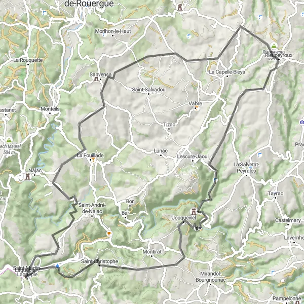 Zemljevid v pomanjšavi "Kolesarska pot okoli Rieupeyroux" kolesarske inspiracije v Midi-Pyrénées, France. Generirano z načrtovalcem kolesarskih poti Tarmacs.app