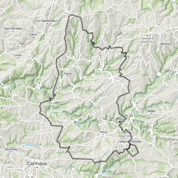 Miniaturní mapa "Cyklistická cesta kolem Rieupeyroux (silnice)" inspirace pro cyklisty v oblasti Midi-Pyrénées, France. Vytvořeno pomocí plánovače tras Tarmacs.app