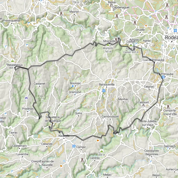 Mapa miniatúra "Cyklistická trasa z Moyrazès do Sauveterre-de-Rouergue" cyklistická inšpirácia v Midi-Pyrénées, France. Vygenerované cyklistickým plánovačom trás Tarmacs.app