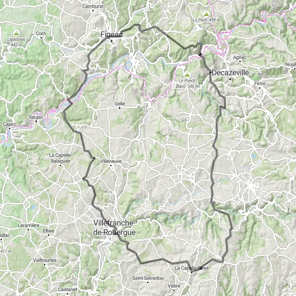 Map miniature of "The Cascading Hills and Historical Monuments Route" cycling inspiration in Midi-Pyrénées, France. Generated by Tarmacs.app cycling route planner