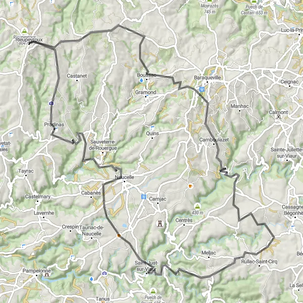 Karttaminiaatyyri "Rieupeyroux - Puech de la Garde - Camboulazet - Rullac-Saint-Cirq - Saint-Just-sur-Viaur - Naucelle - Pradinas - Rieupeyroux" pyöräilyinspiraatiosta alueella Midi-Pyrénées, France. Luotu Tarmacs.app pyöräilyreittisuunnittelijalla