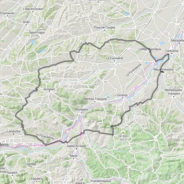 Map miniature of "The Volvestre Adventure" cycling inspiration in Midi-Pyrénées, France. Generated by Tarmacs.app cycling route planner