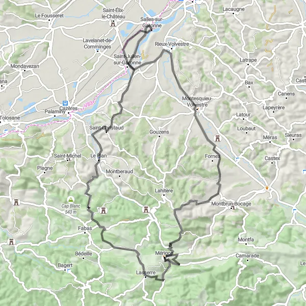Map miniature of "Rieux-Volvestre to Montardit Cycling Route" cycling inspiration in Midi-Pyrénées, France. Generated by Tarmacs.app cycling route planner