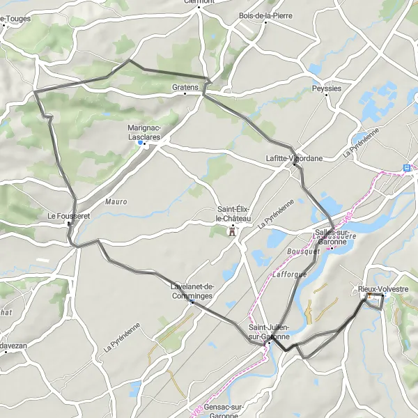 Map miniature of "Le Fousseret to Salles-sur-Garonne Cycling Route" cycling inspiration in Midi-Pyrénées, France. Generated by Tarmacs.app cycling route planner